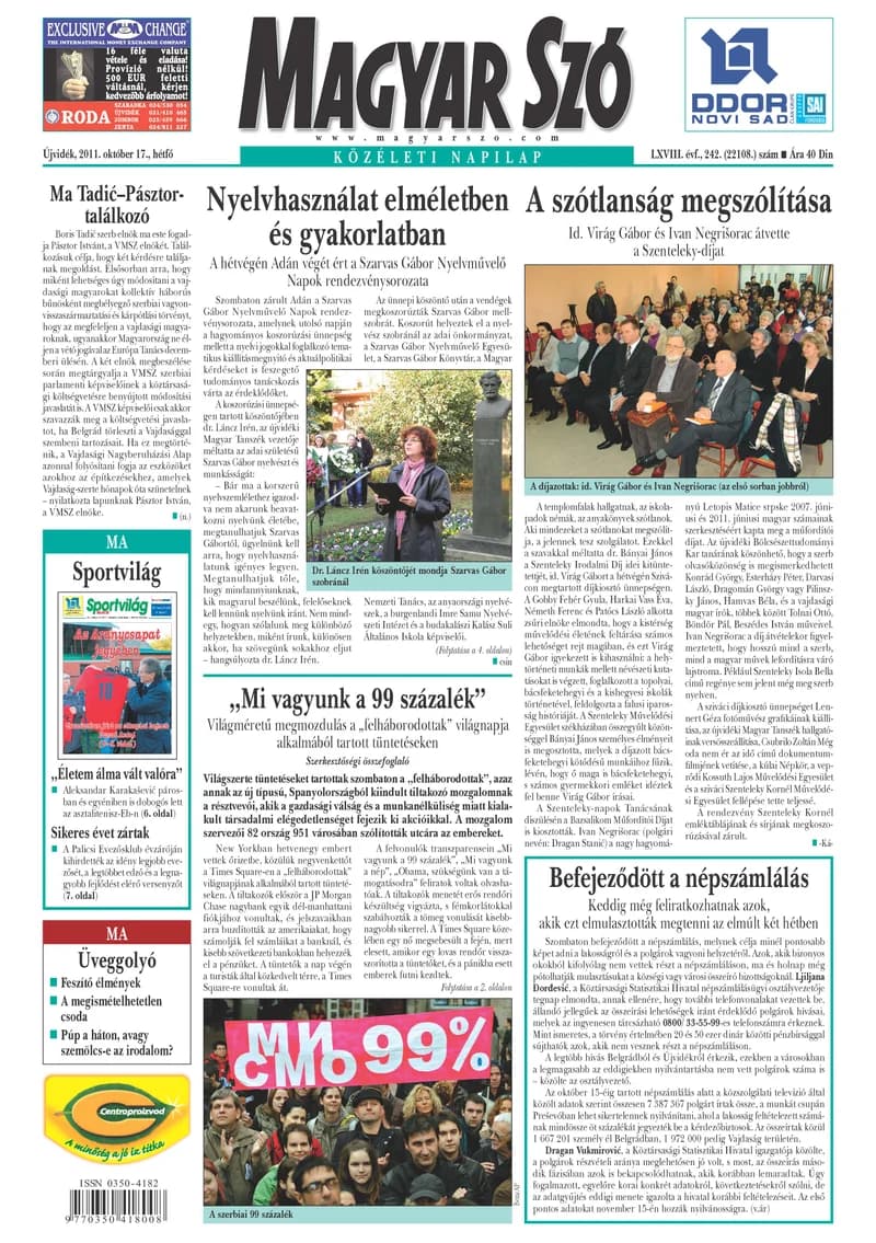 Magyar Szó, 68. évf. 2011. október 17. 242. sz. 1–16. oldal