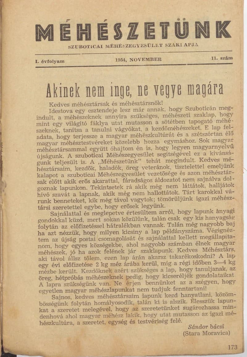 Méhészetünk, 1. évf. 1954. november 1. 11. sz.