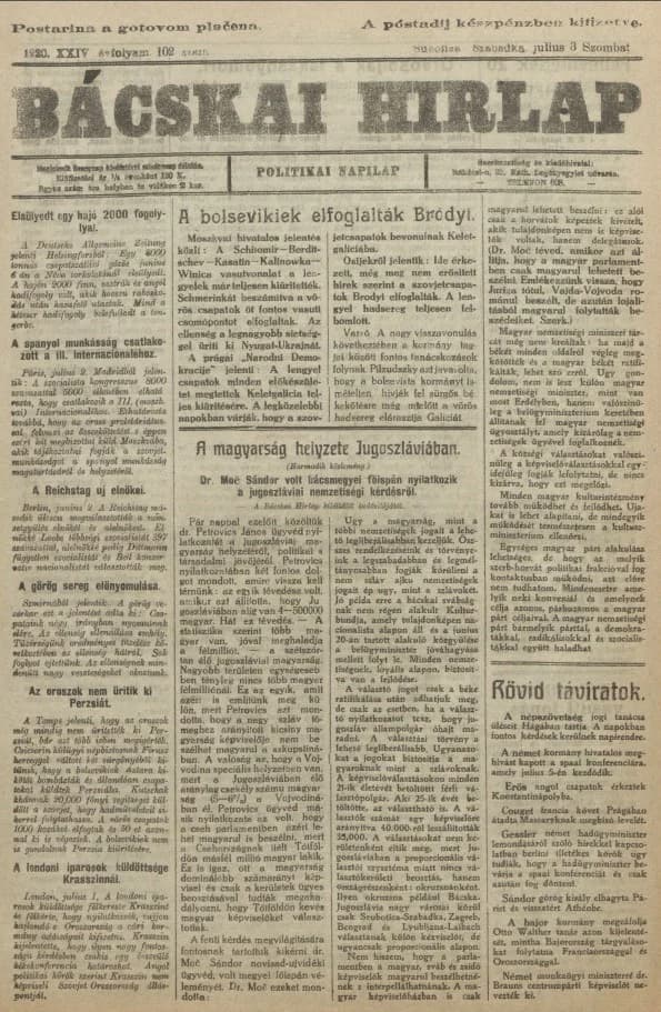 Bácskai Hirlap, 24. évf. 1920. július 3. 102. sz.