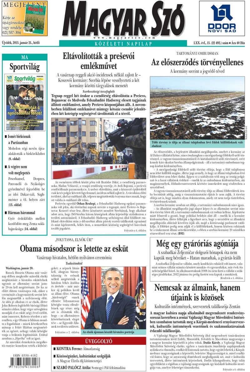 Magyar Szó, 70. évf. 2013. január 21. 15. sz. 1–16. oldal