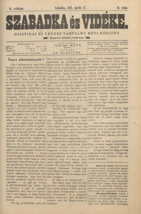 Szabadka és vidéke II, 6. évf. 1898. április 17. 16. sz.