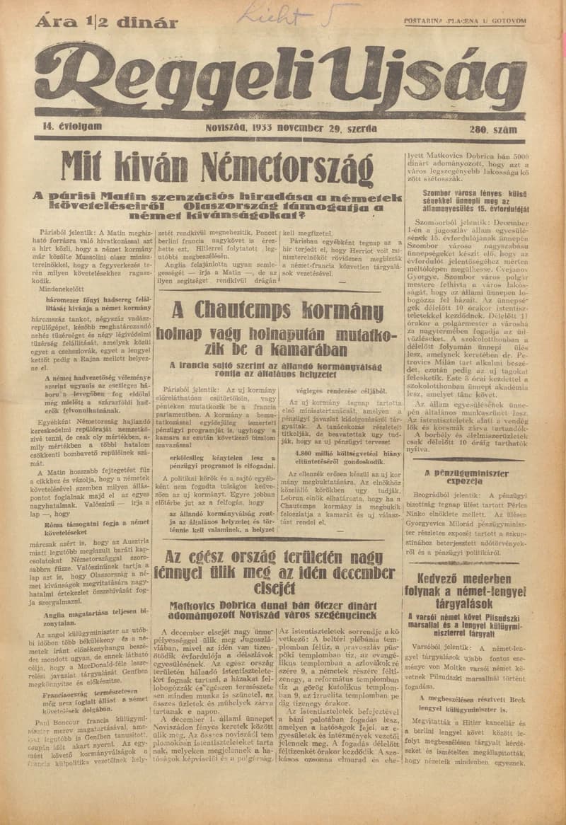 Reggeli Újság, 14. évf. 1933. november 29. 280. sz.