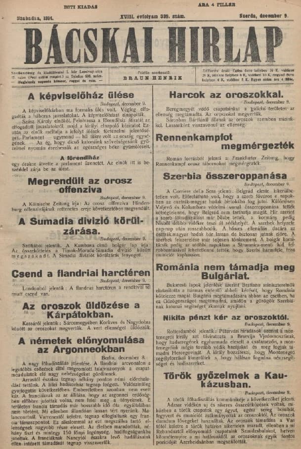 Bácskai Hirlap, 18. évf. 1914. december 9. 339. sz.