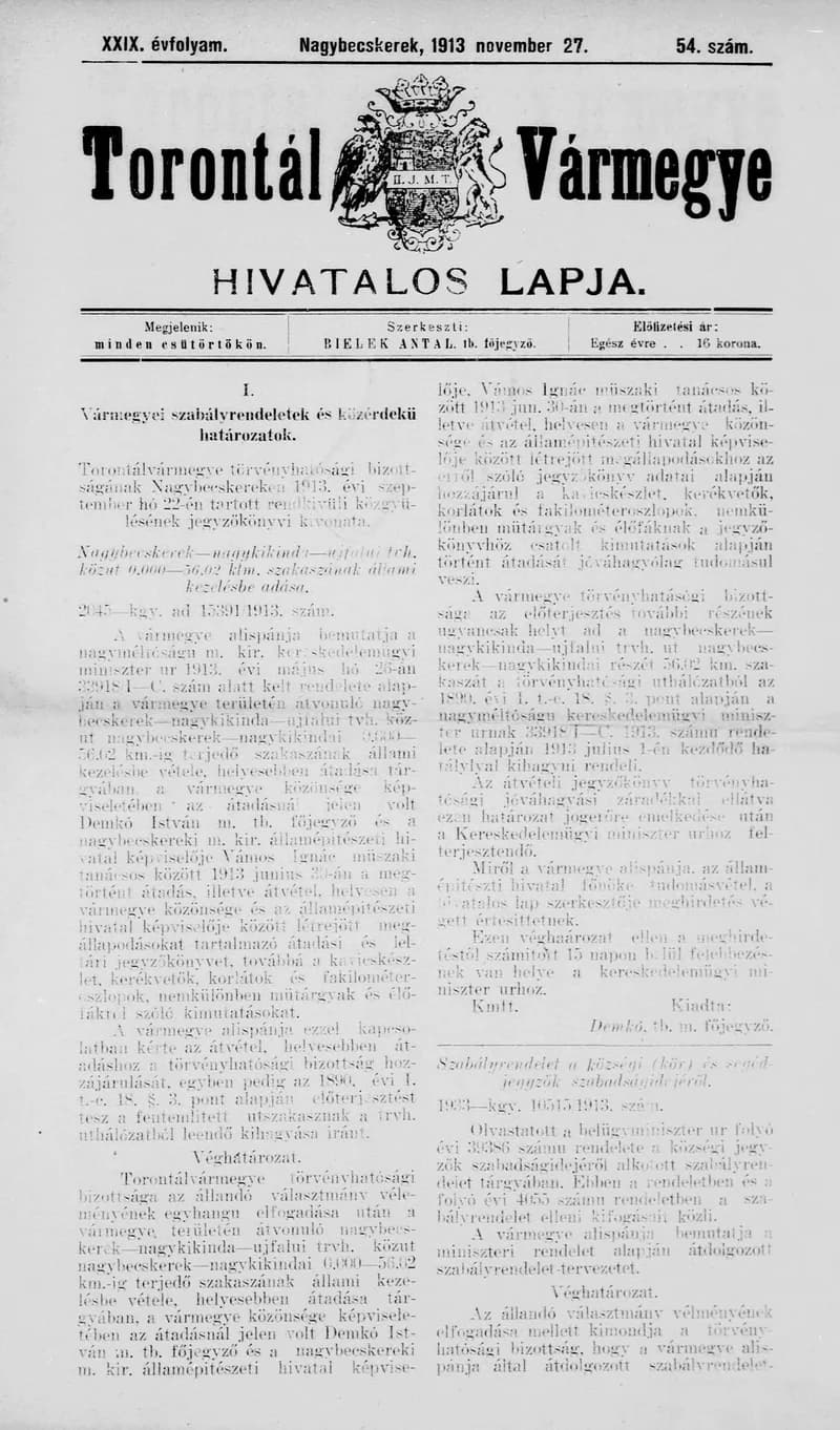 Torontál Vármegye Hivatalos Lapja, 29. évf. 1913. november 27. 54. sz.