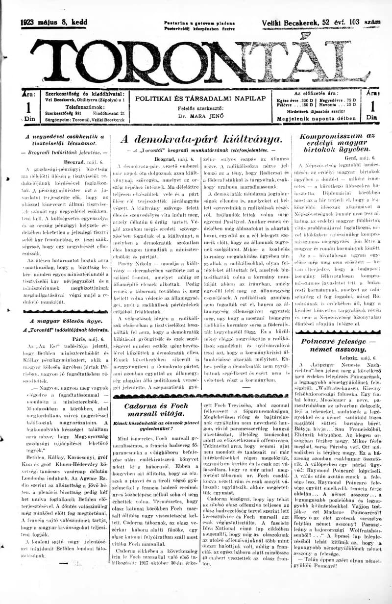 Torontál, 52. évf. 1923. május 8. 103. sz.