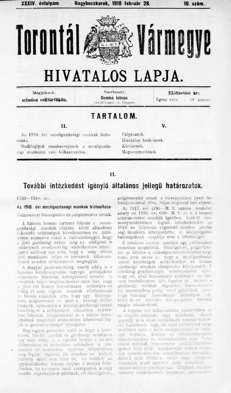 Torontál Vármegye Hivatalos Lapja, 34. évf. 1918. február 28. 10. sz.