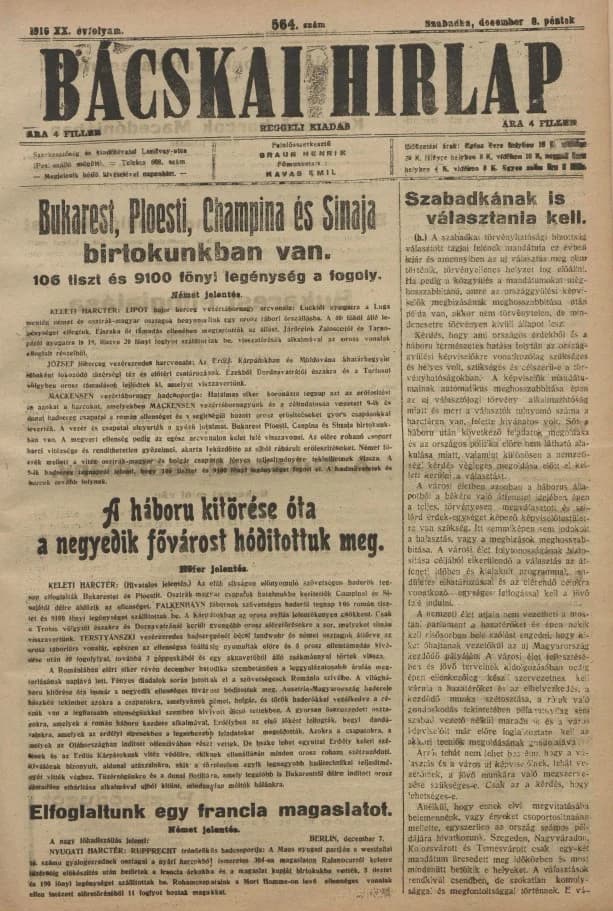 Bácskai Hirlap, 20. évf. 1916. december 8. 564. sz.