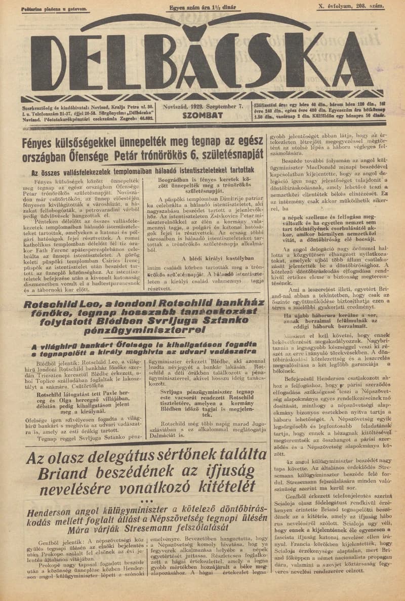 Délbácska, 10. évf. 1929. szeptember 7. 208. sz.