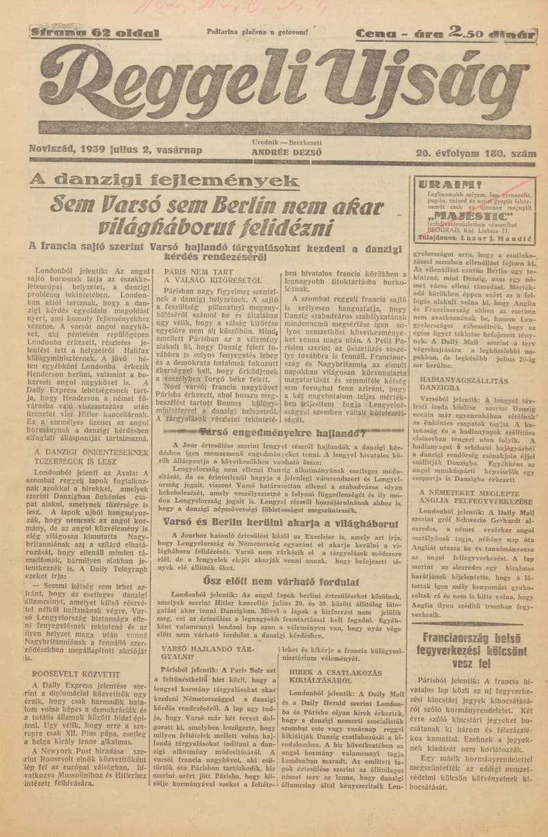 Reggeli Újság, 20. évf. 1939. július 2. 180. sz.