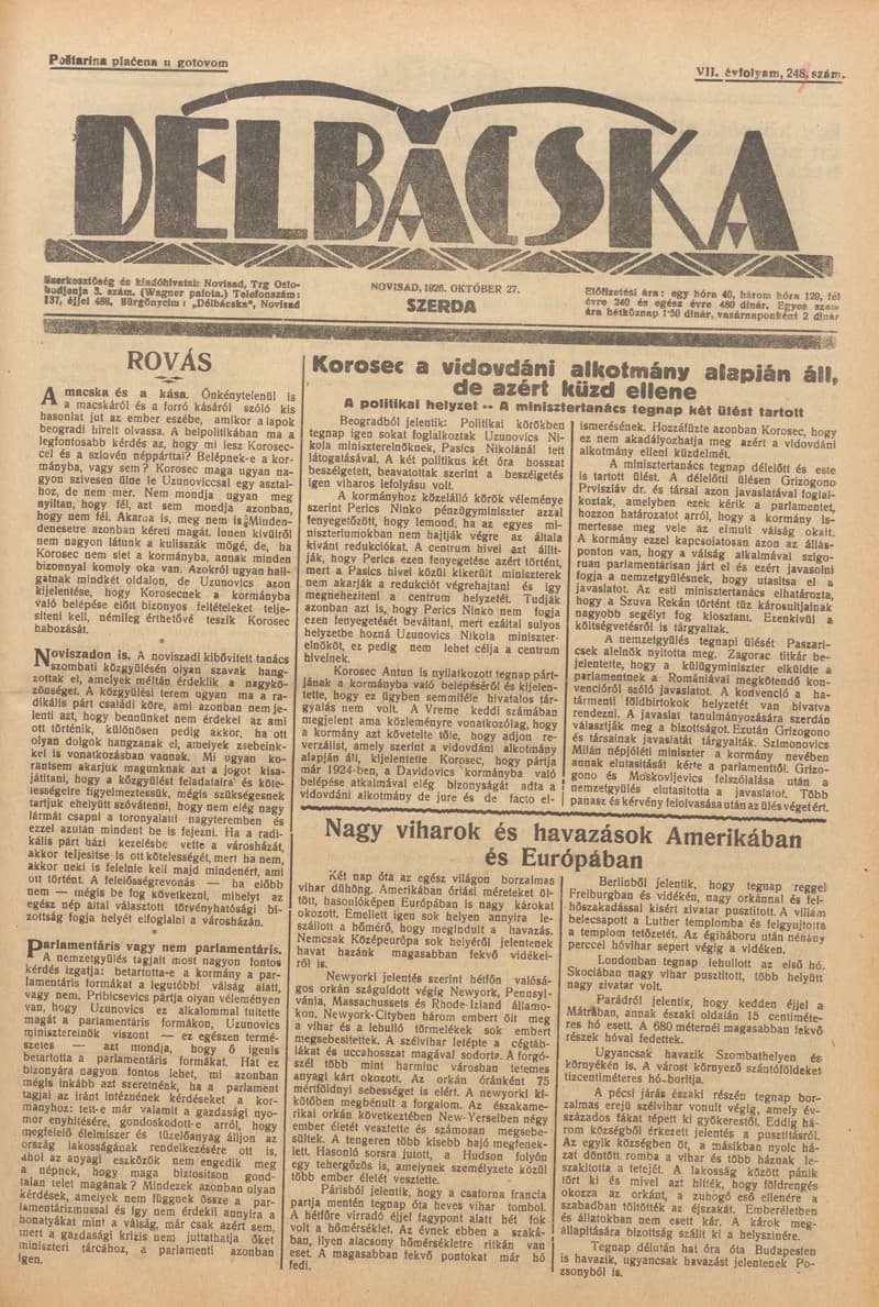Délbácska, 7. évf. 1926. október 27. 249. sz.