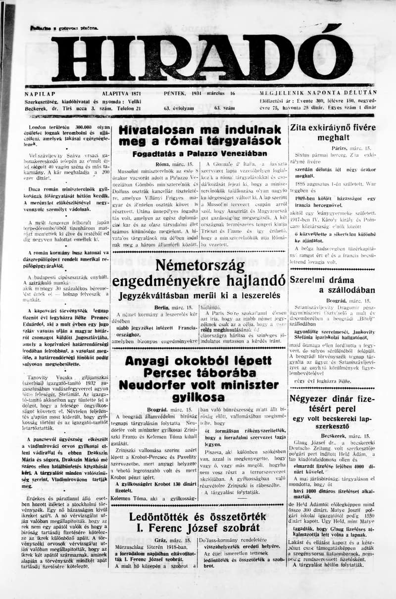 Híradó, 63. évf. 1934. március 16. 63. sz.