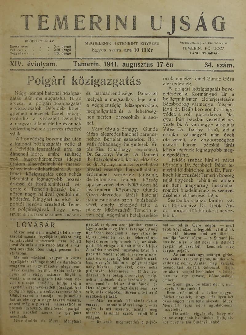Temerini Újság 1928-1944, 14. évf. 1941. augusztus 17. 34. sz.