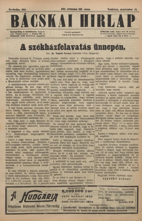 Bácskai Hirlap, 16. évf. 1912. szeptember 15. 210. sz.