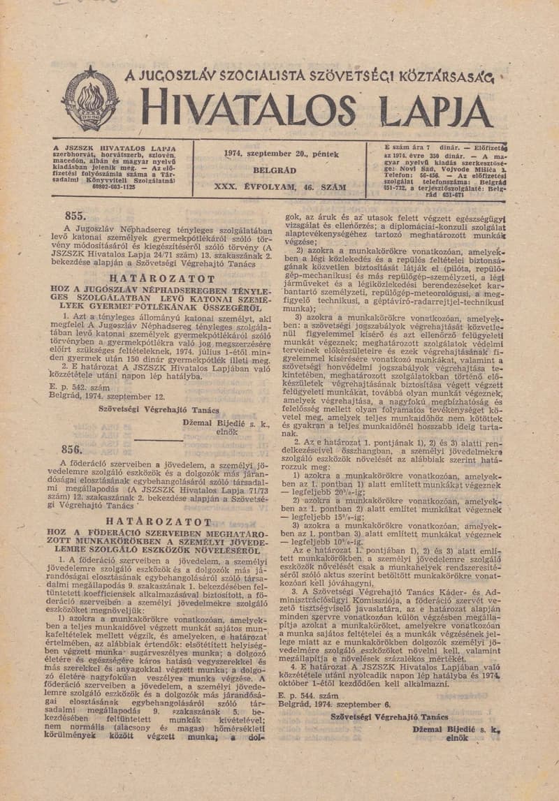 A Jugoszláv Szocialista Szövetségi Köztársaság Hivatalos Lapja, 30. évf. 1974. szeptember 20. 46. sz. 1449–1464. oldal
