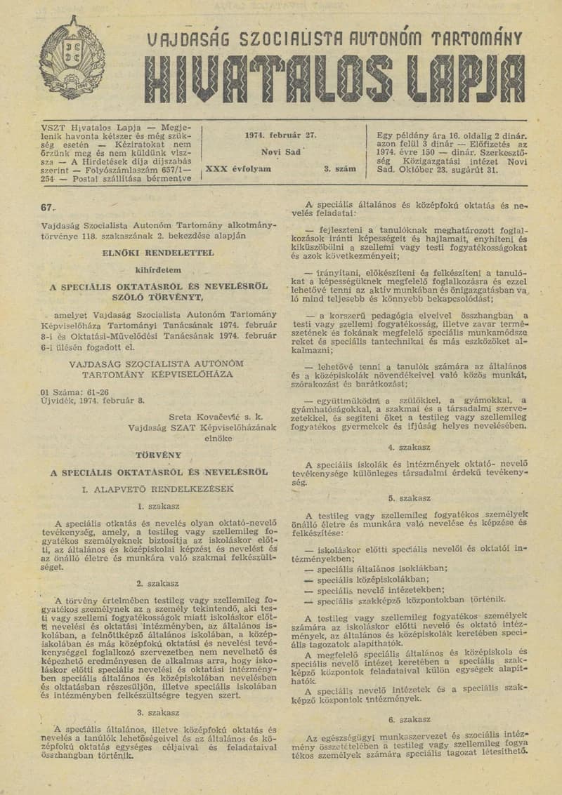 Vajdaság Szocialista Autonóm Tartomány Hivatalos Lapja, 30. évf. 1974. február 27. 3. sz. 57–76. oldal
