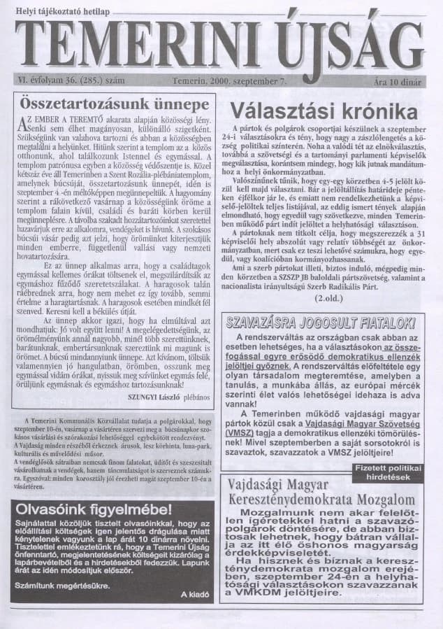Temerini Újság, 6. évf. 2000. szeptember 7. 36. sz.