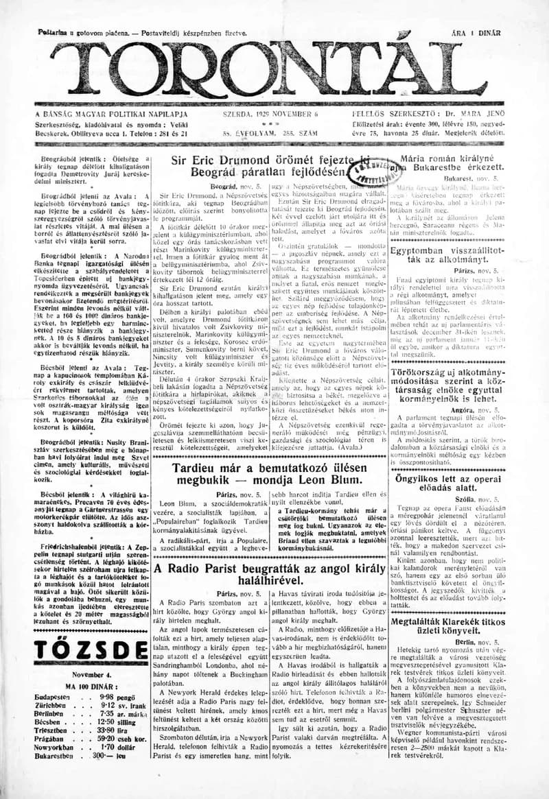 Torontál, 58. évf. 1929. november 6. 255. sz.