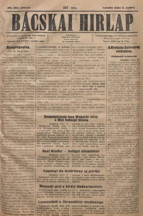 Bácskai Hirlap, 22. évf. 1918. május 11. 107. sz.