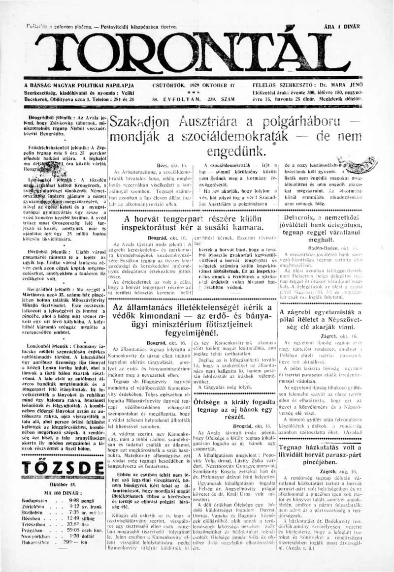 Torontál, 58. évf. 1929. október 17. 239. sz.