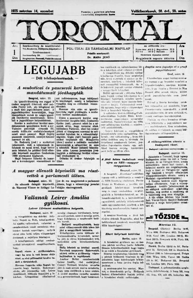 Torontál, 54. évf. 1925. március 14. 58. sz.