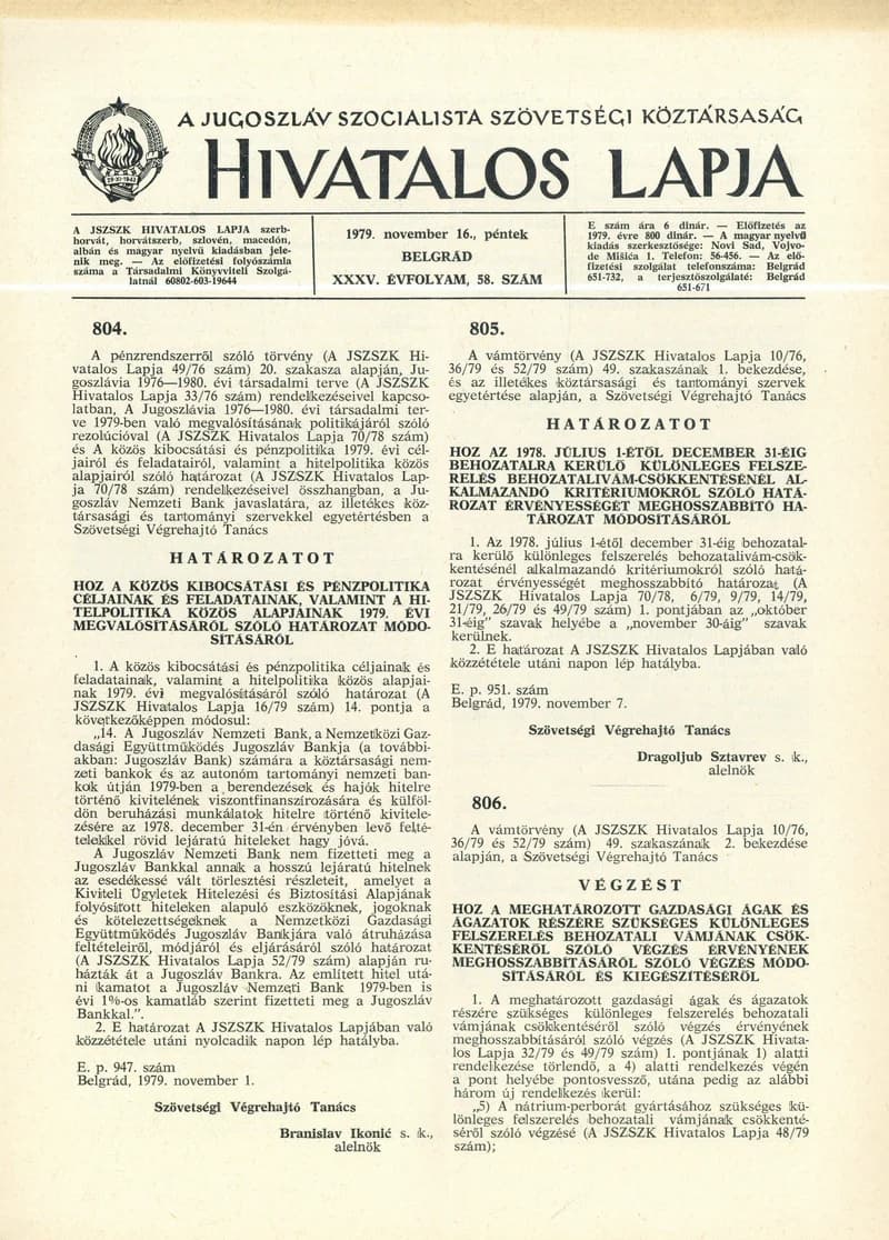 A Jugoszláv Szocialista Szövetségi Köztársaság Hivatalos Lapja, 35. évf. 1979. november 16. 58. sz. 1753–1768. oldal