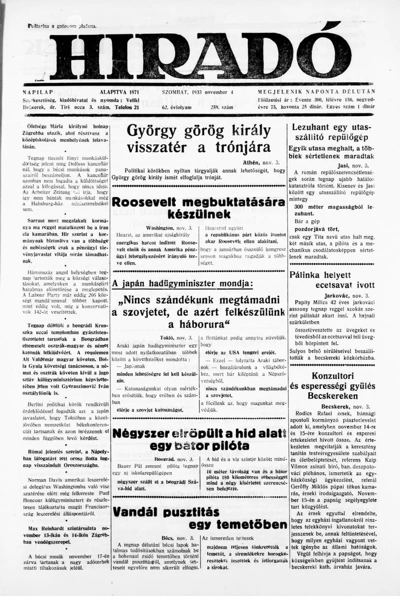 Híradó, 62. évf. 1933. november 4. 259. sz.