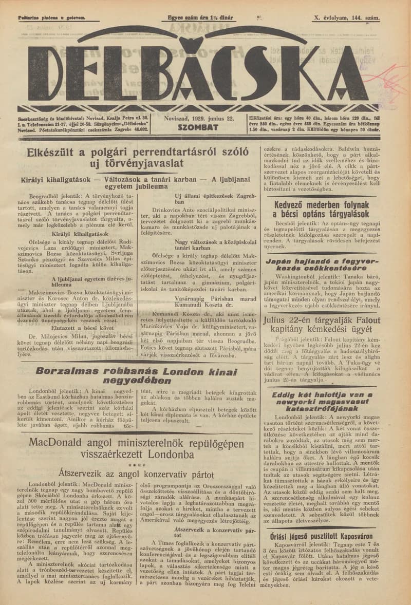 Délbácska, 10. évf. 1929. június 22. 144. sz.