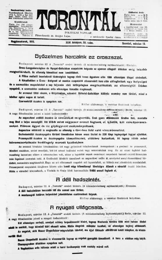 Torontál, 44. évf. 1915. március 13. 59. sz.