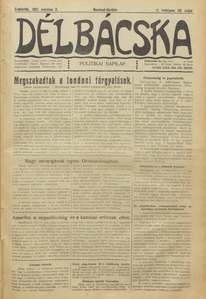 Délbácska, 2. évf. 1921. március 3. 50. sz.