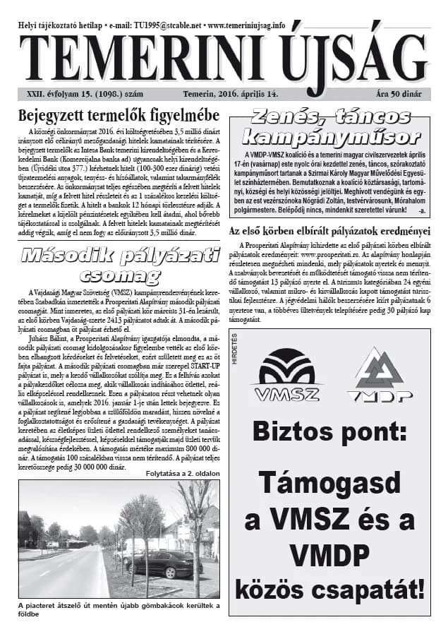 Temerini Újság, 22. évf. 2016. április 14. 15. sz.