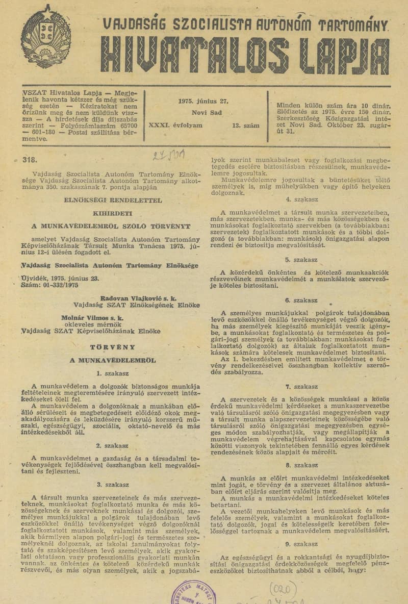 Vajdaság Szocialista Autonóm Tartomány Hivatalos Lapja, 31. évf. 1975. június 27. 13. sz. 501–532. oldal