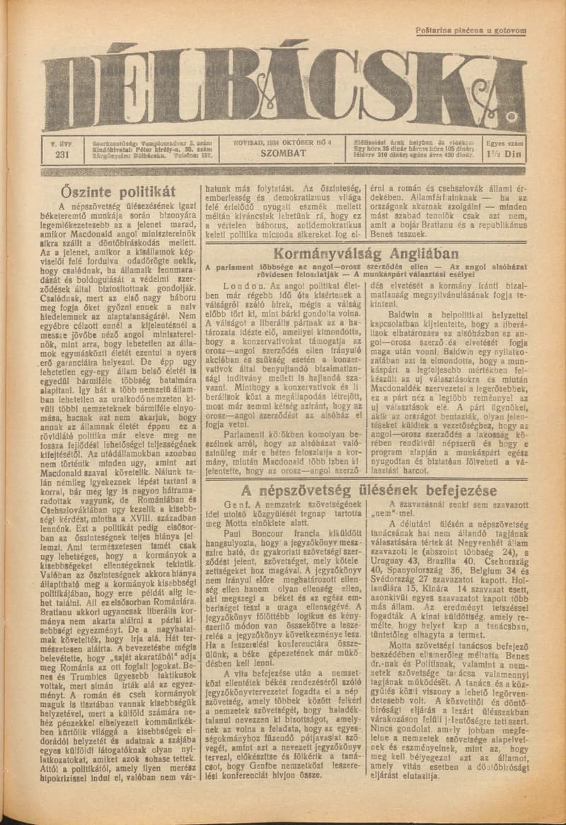 Délbácska, 5. évf. 1924. október 4. 231. sz.