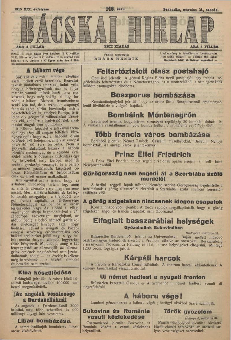 Bácskai Hirlap, 19. évf. 1915. március 31. 146. sz.
