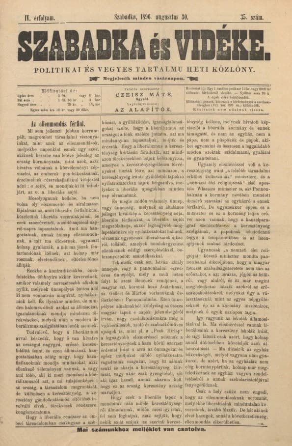 Szabadka és vidéke II, 4. évf. 1896. augusztus 30. 35. sz.