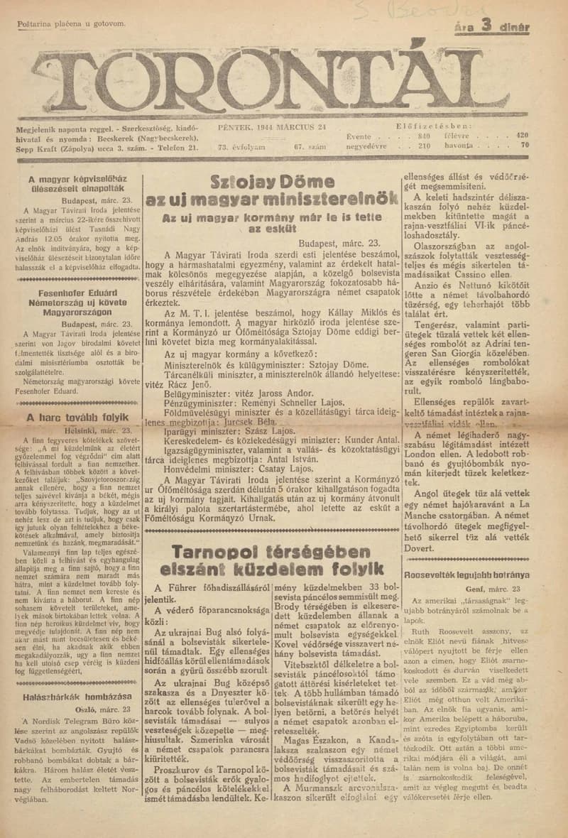 Torontál, 73. évf. 1944. március 24. 67. sz.