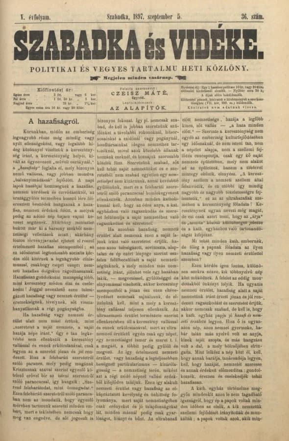 Szabadka és vidéke II, 5. évf. 1897. szeptember 5. 36. sz.