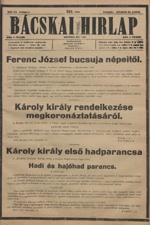 Bácskai Hirlap, 20. évf. 1916. november 24. 539. sz.