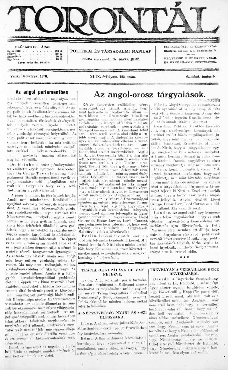 Torontál, 49. évf. 1920. június 5. 122. sz.