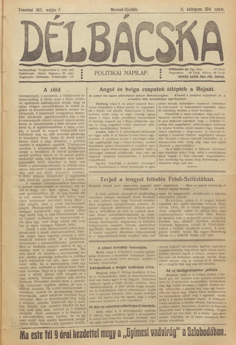 Délbácska, 2. évf. 1921. május 7. 104. sz.