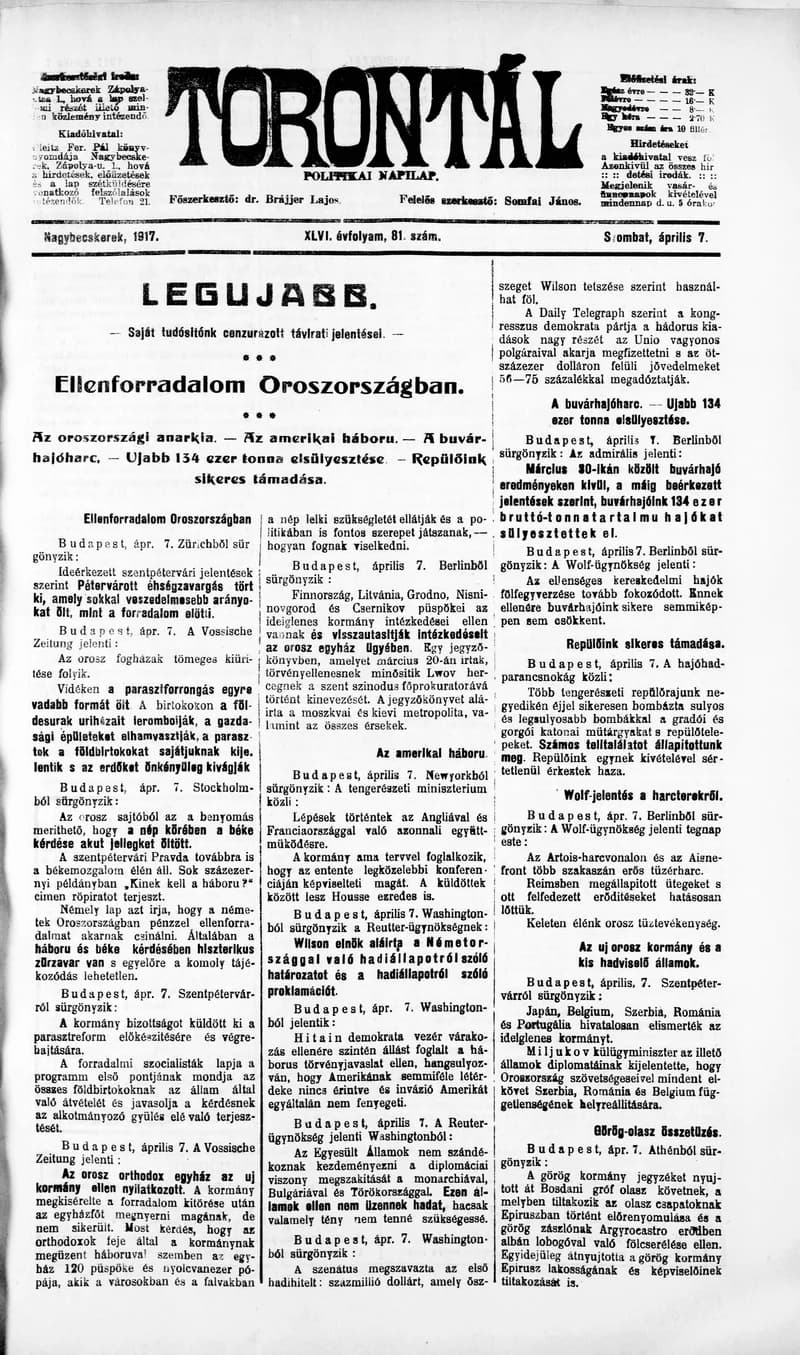 Torontál, 46. évf. 1917. április 7. 81. sz.