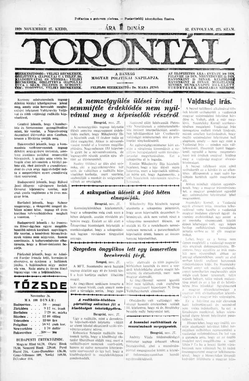 Torontál, 57. évf. 1928. november 27. 275. sz.