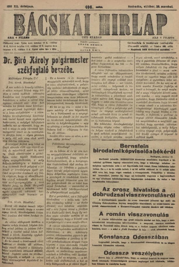 Bácskai Hirlap, 20. évf. 1916. október 28. 496. sz.
