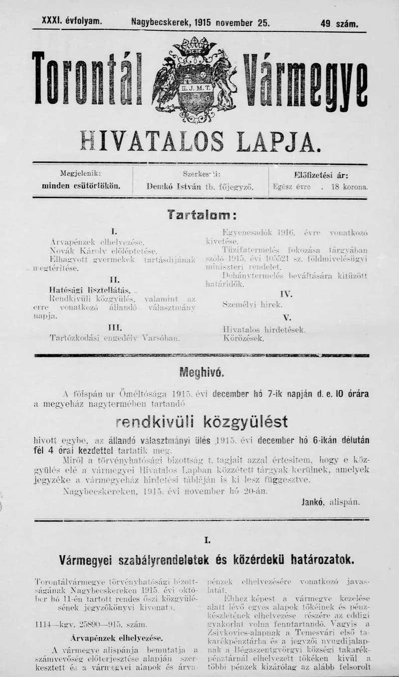 Torontál Vármegye Hivatalos Lapja, 31. évf. 1915. november 25. 49. sz.
