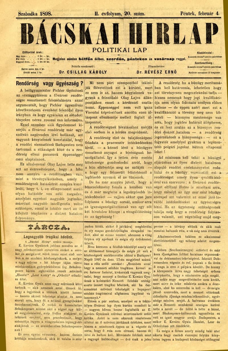 Bácskai Hirlap, 2. évf. 1898. február 4. 20. sz. 1–4. oldal