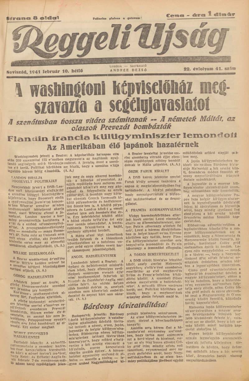 Reggeli Újság, 22. évf. 1941. február 10. 41. sz.
