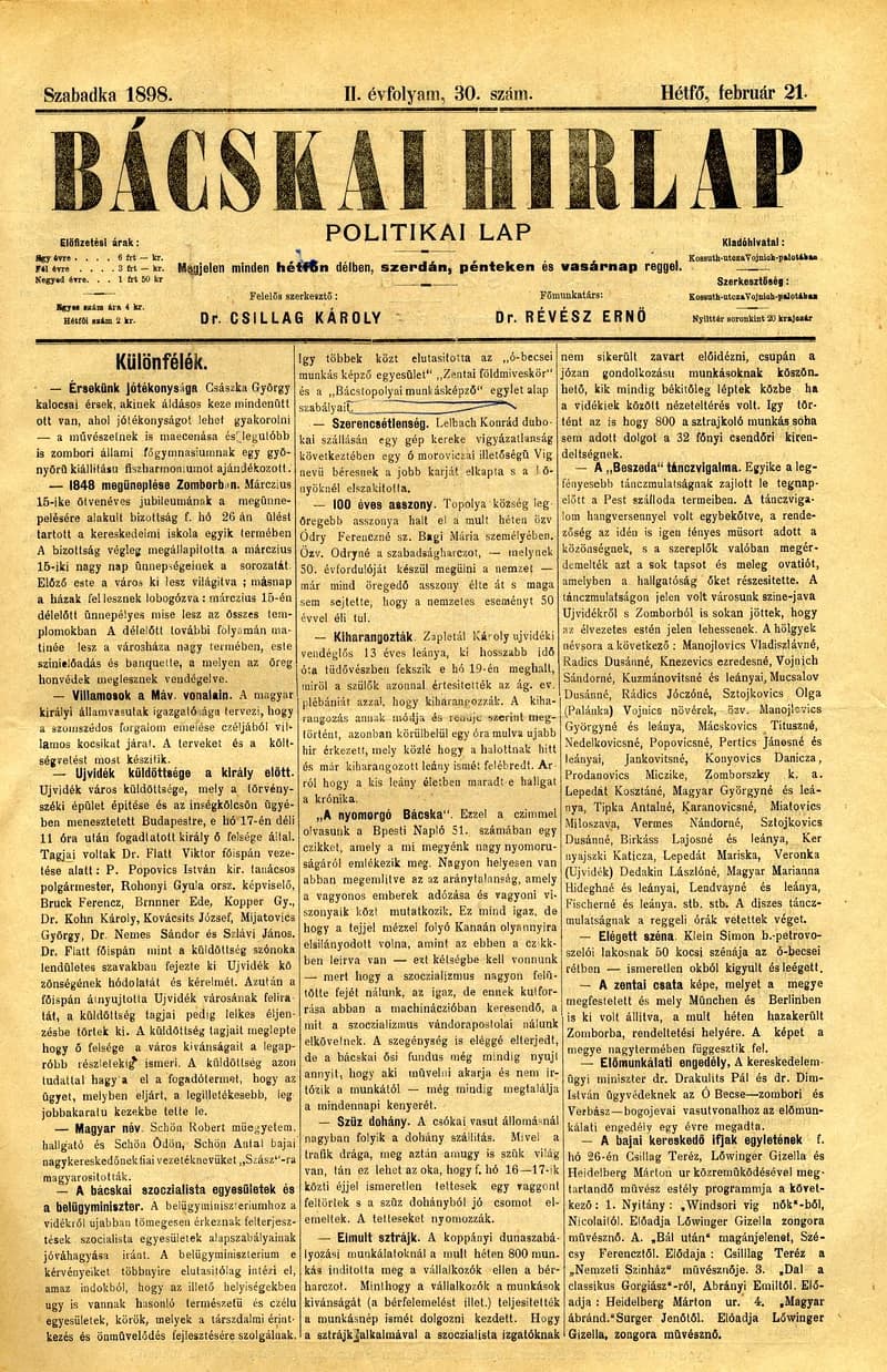 Bácskai Hirlap, 2. évf. 1898. február 21. 30. sz. 1–2. oldal