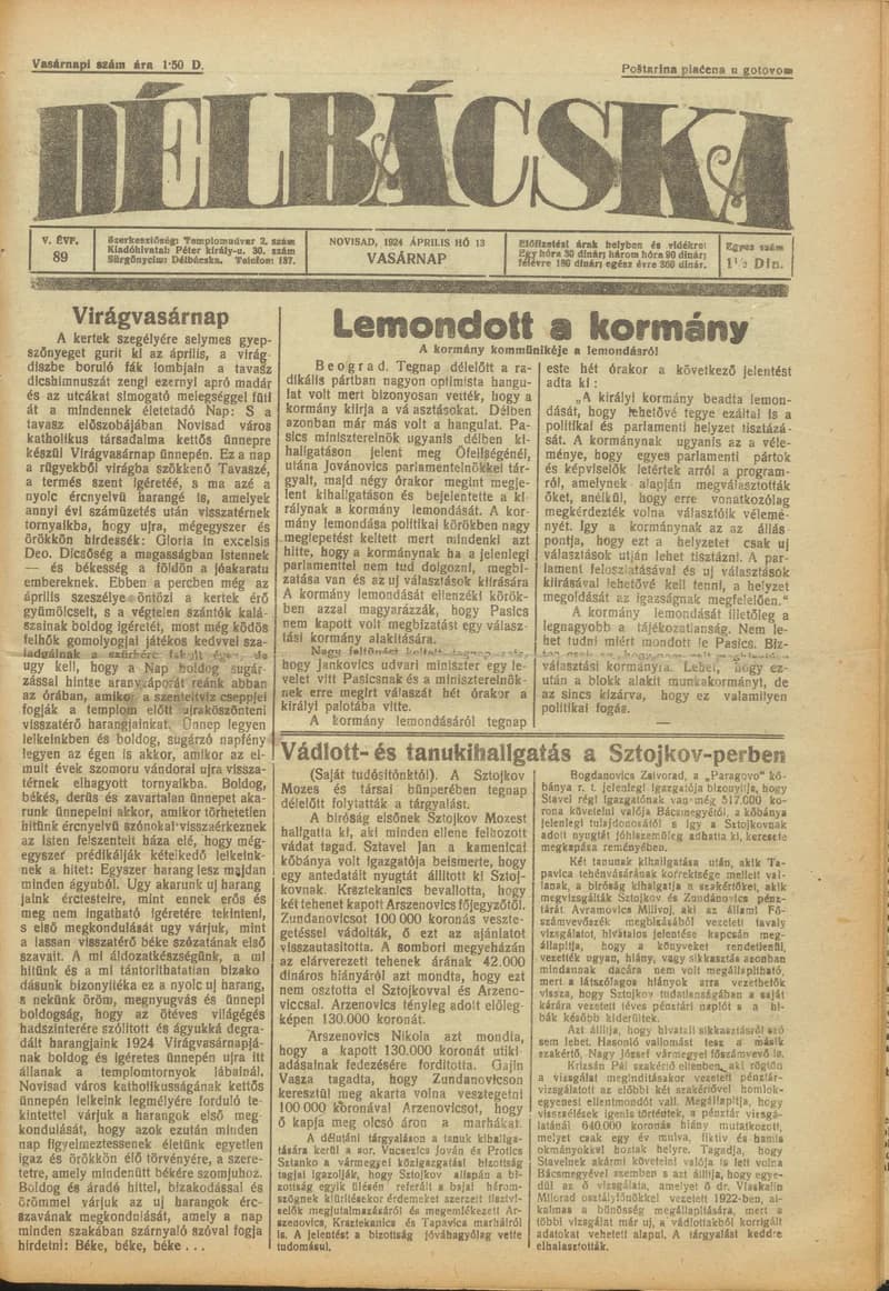 Délbácska, 5. évf. 1924. április 13. 89. sz.