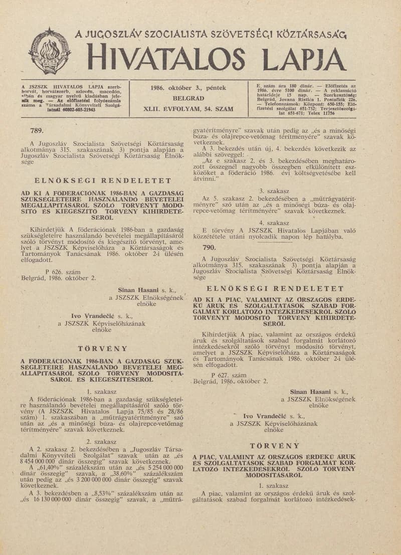 A Jugoszláv Szocialista Szövetségi Köztársaság Hivatalos Lapja, 42. évf. 1986. október 3. 54. sz. 1617–1640. oldal