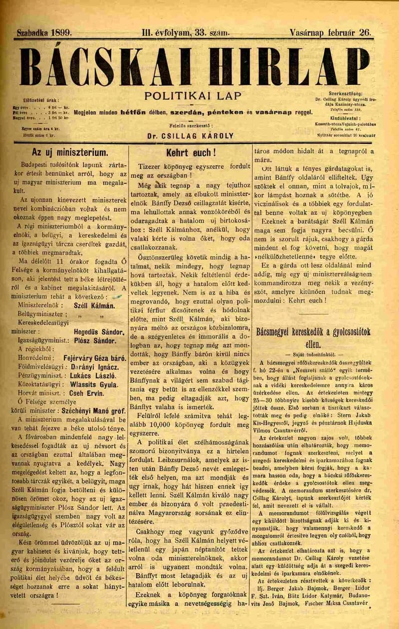 Bácskai Hirlap, 3. évf. 1899. február 26. 33. sz.