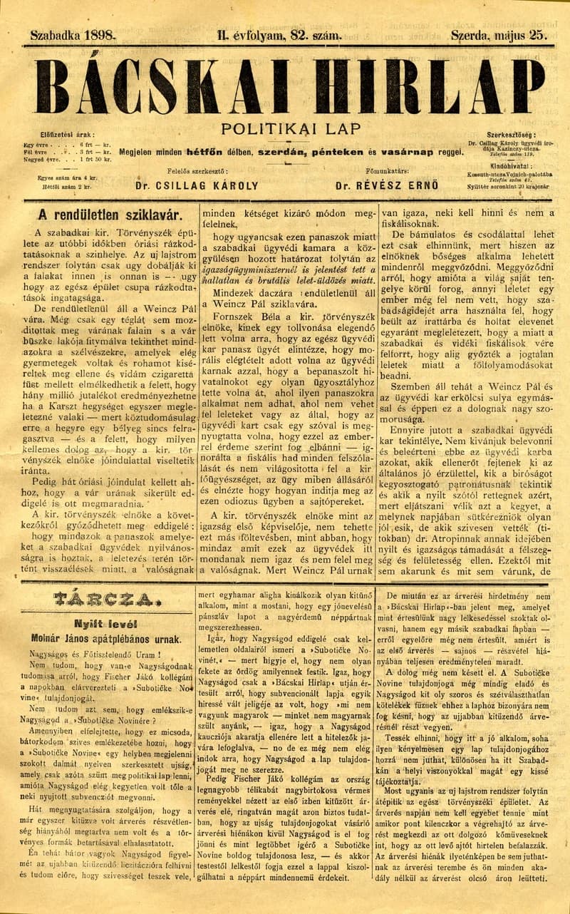 Bácskai Hirlap, 2. évf. 1898. május 25. 82. sz. 1–4. oldal